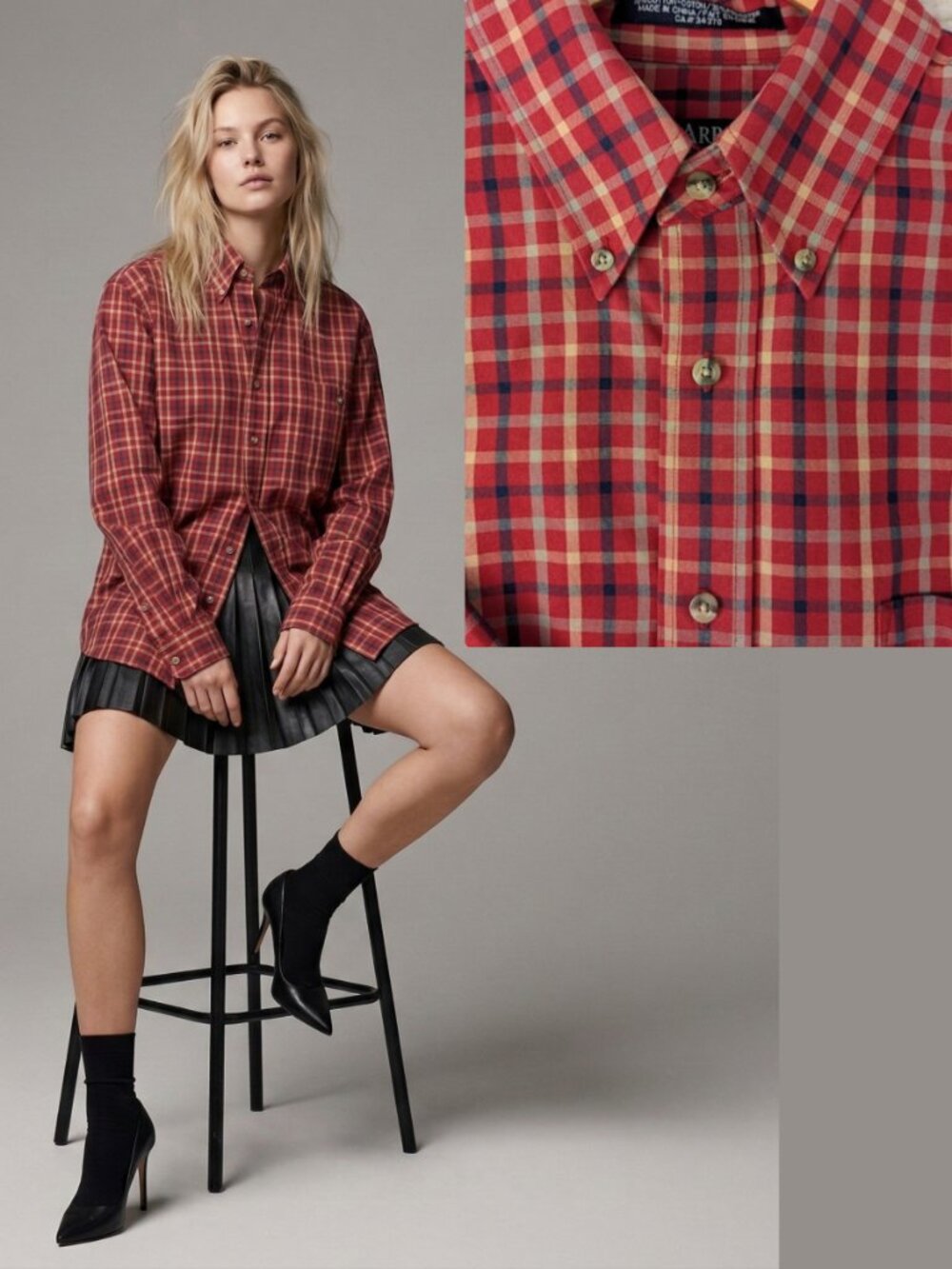 Red Plaid Button-Down Men's Shirt Unisex Oversized Cotton Blend